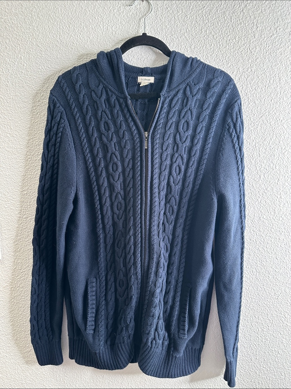 L.L. Bean Navy Cable Zip-Up cotton Hooded Sweater size XL